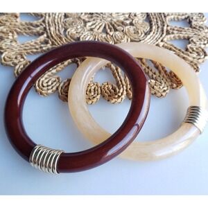 Vintage 1970s Lucite Bangle Bracelets Pair‎ Brown Neutrals Boho Minimalist